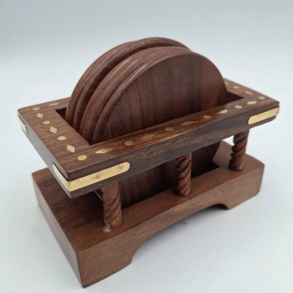 Kapasi Handcrafted Wooden Coaster Set of‎ 6 & Holder Carved Flower Brass Inlay